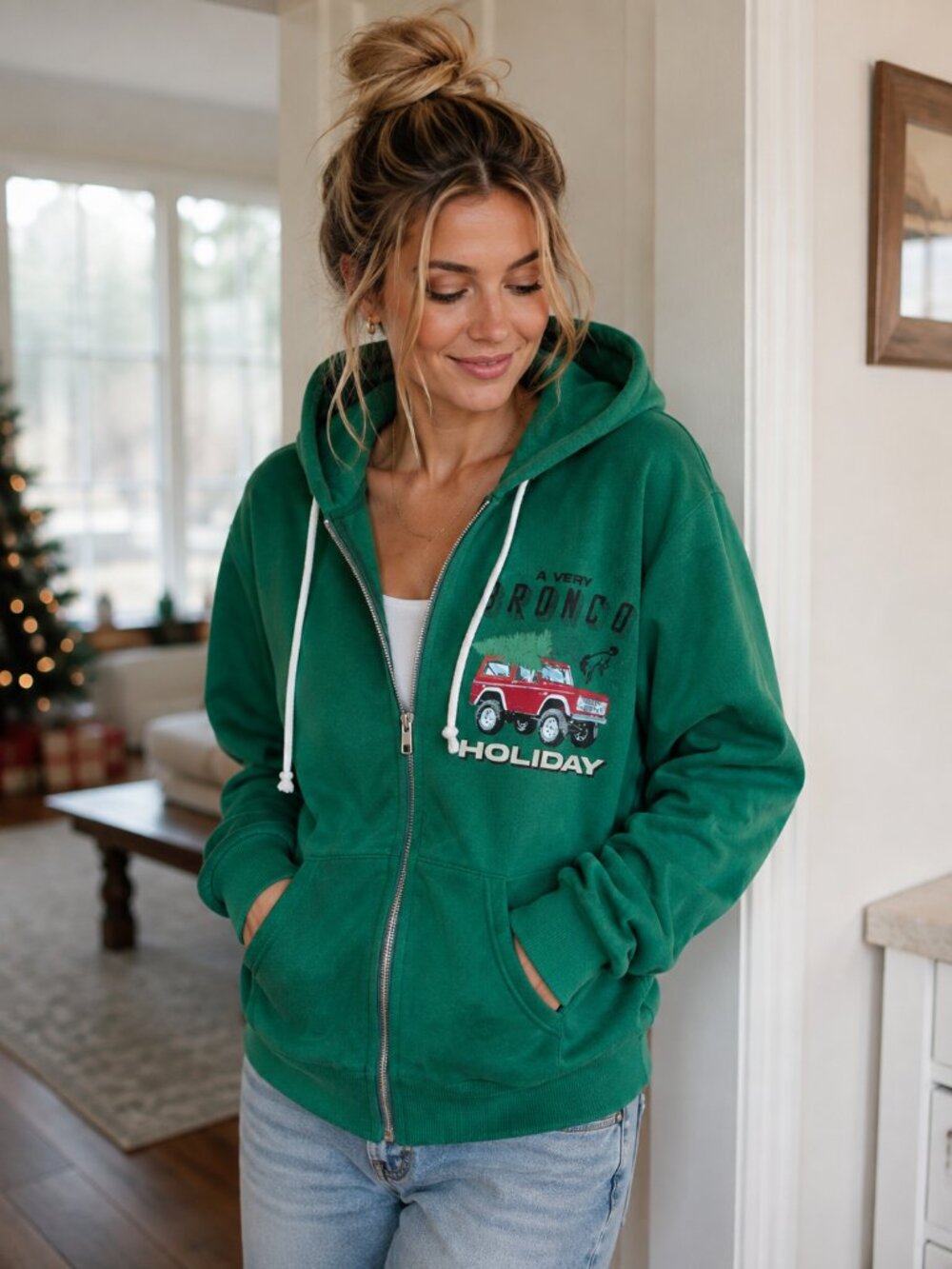 Ford Bronco Women's Zip-up Graphic Hoodie Green XL